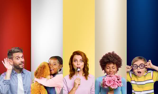 5 people from different backgrounds are each displaying one of the 5 human senses
