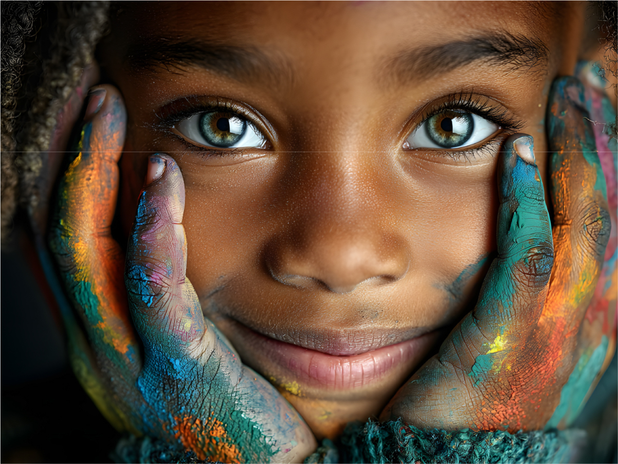 Child covered in paint, holding her face and smiling